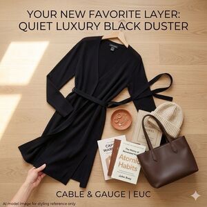 Cable Gauge Black Rib Knit Duster Cardigan Belted L Quiet Luxury Clean Girl Goth